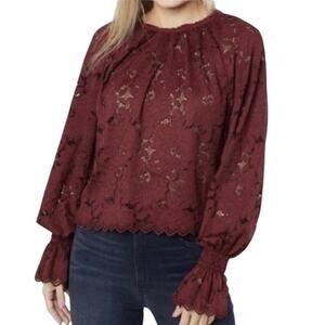 Free People Olivia Wine Lace Blouse SMALL Sheer Long Sleeves Boho Romantic